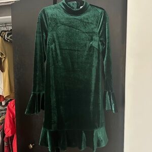 Pink Lily All Is Calm Green Velvet Mock Neck Ruffle Trim Mini Dress NWOT